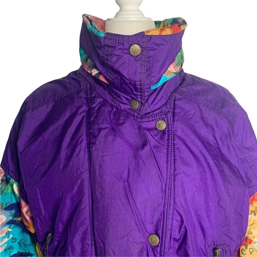 Vintage 80s Puffer Ski Jacket L Purple Bright Radical Coat - Picture 3 of 7